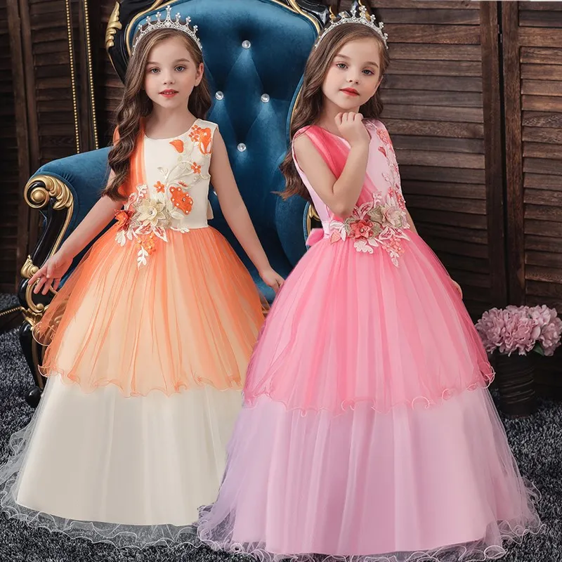 Кружевное детское платье для девочек с цветочной вышивкой винтажное бальное на