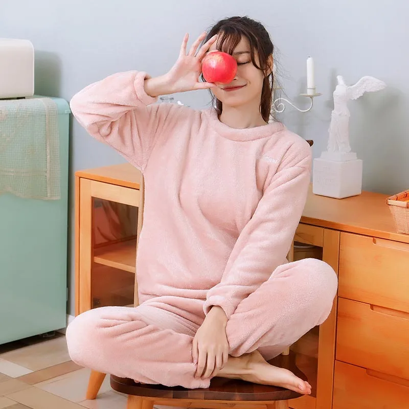 pink pajamas Теплые зимние женские пижамы, 2 предмета, Повседневная Свободная пижама с длинными рукавами и штаны, фланелевые пижамы, комплект домашней одежды, одежда для сна - Цвет: pink pajamas