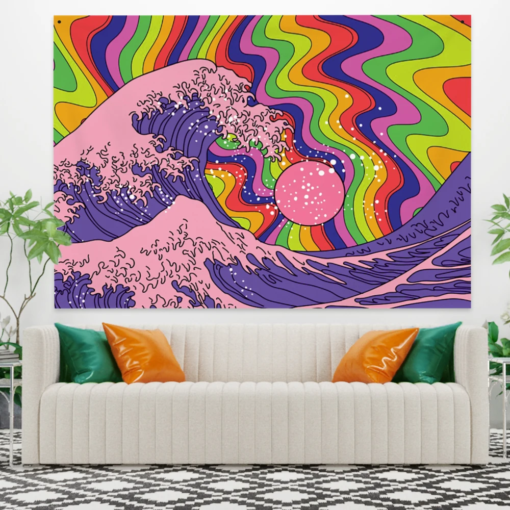 

Retro Japanese Tapestry Kanagawa Surfing Landscape Wall Hanging Carpet Colorful Ukiyo-E Vintage Art Blanket Beach Yoga Mat