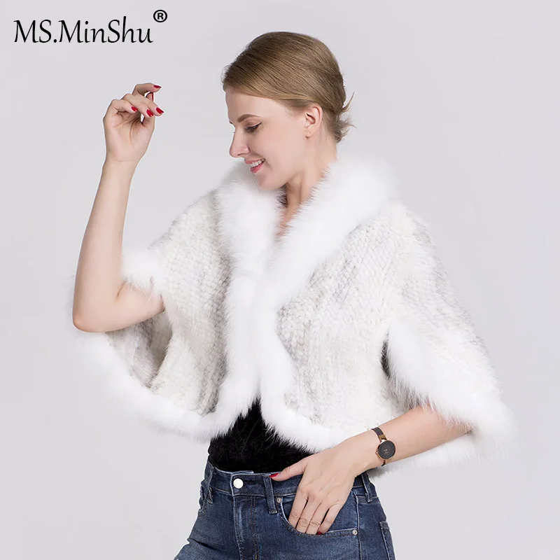 Женское пончо из меха норки Ms.MinShu отделанное натуральным мехом лисы меховое