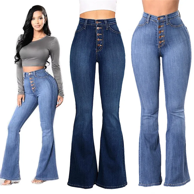 Factory Direct Hot Sale Women Jeans Female High-waisted Pants Washed Denim Sewing Button Wide-Leg |