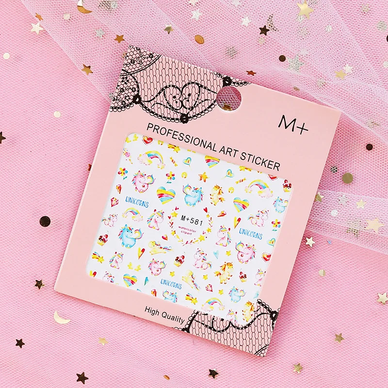 Милые наклейки для ногтей ручной работы с единорогом и девушкой журнал