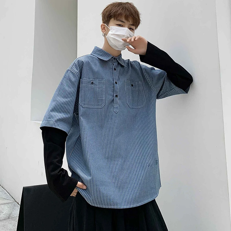 

Double Pocket Front Autumn Spring Casual Men's Shirt Long Sleeve Striped Slim Fit Turn Down Collar Shirts Fake Two Pieces Blouse