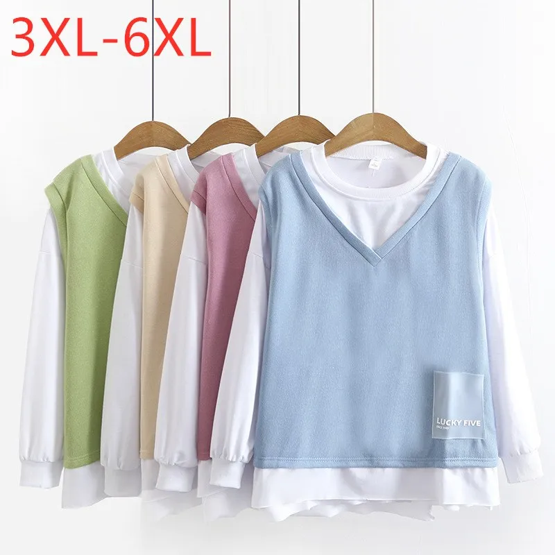 

New 2021 Ladies Autumn Winter Plus Size Tops For Women Large Pullover Long Sleeve Cotton Blue Pink T-shirt 3XL 4XL 5XL 6XL