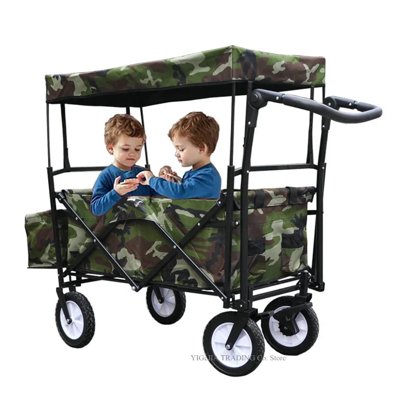 Outdoor Camping Cart with Adjustable Handle Bar, Utility Picnic Wagon Have Sun/Rain Shade, Fold Trolley
