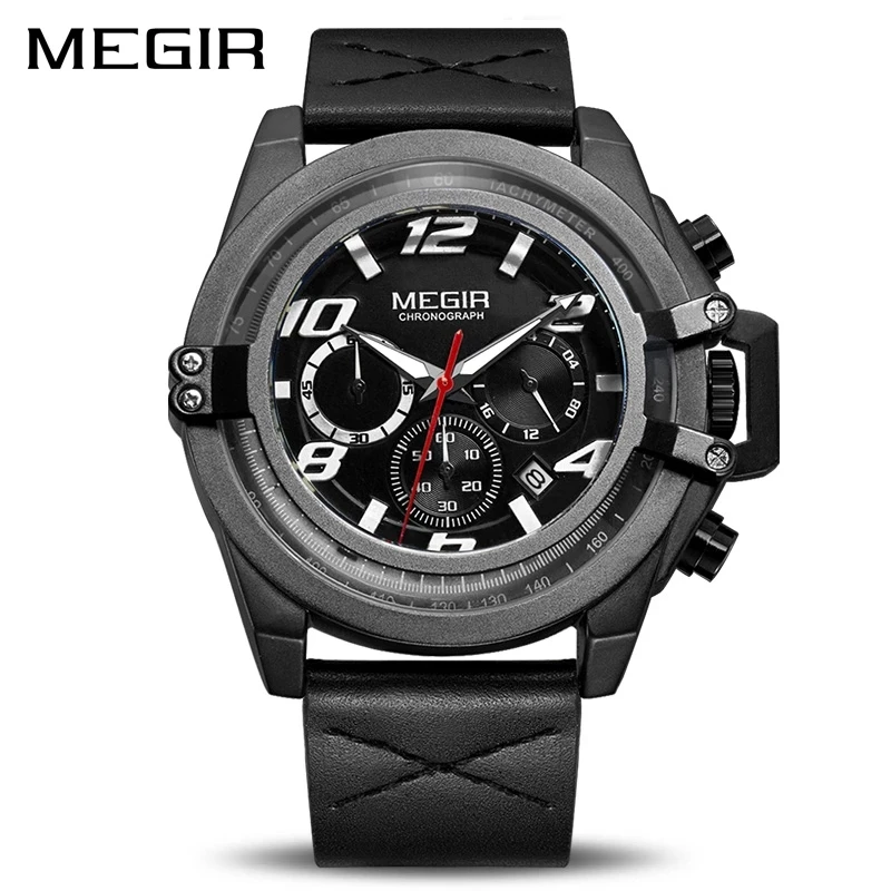 

MEGIR Fashion Black Leather Strap Men's Multifunctional Chronograph Military Watch Waterproof Calendar Men's Business 2052G