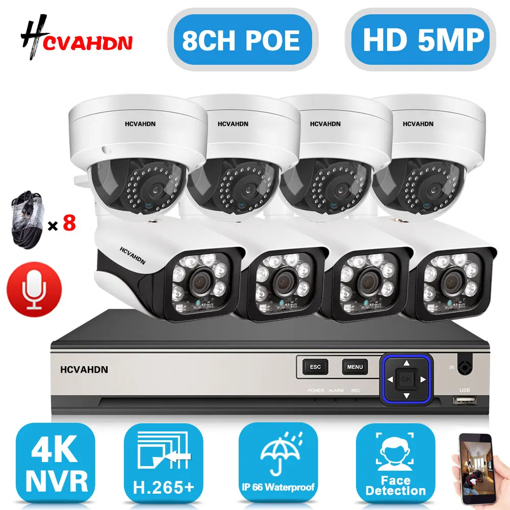 

8CH 4K NVR CCTV Security Camera System 5MP Outdoor POE IP Camera Set Audio Record P2P Dome Video Surveillance System Kit XMEYE
