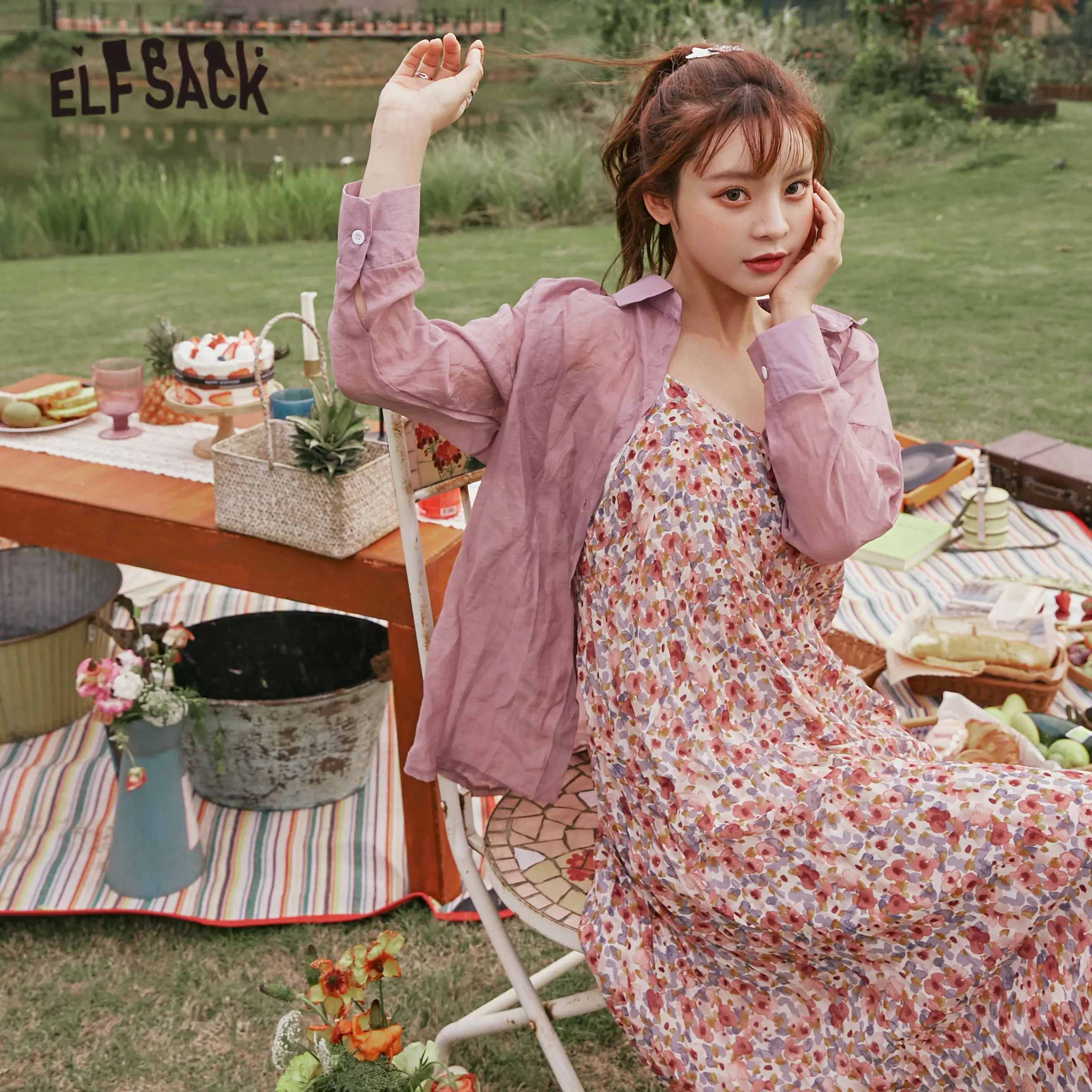 Elfsack картина маслом Disty Цветочный принт сладкий Повседневное миди платье Для