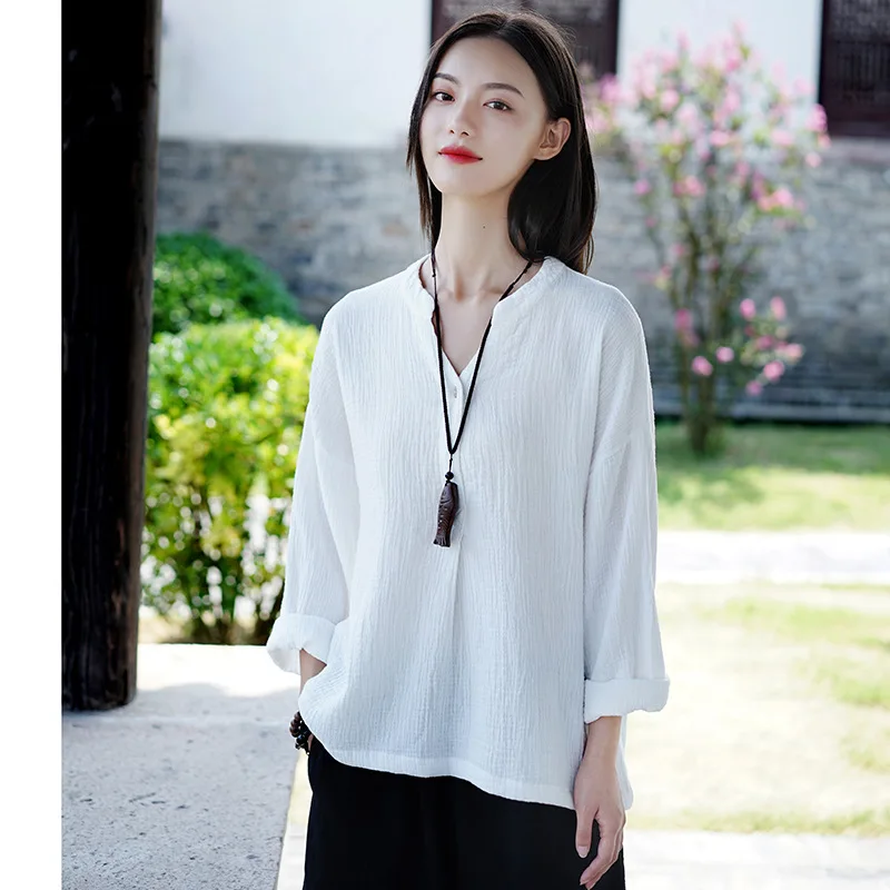 Johnature Autumn Loose Retro 3 Color V-neck Long Sleeve All-match Women Tops T-shirts2021 New Cotton Linen Comfortable T-shirt | Женская