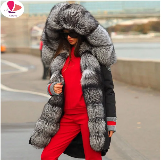 

Waterproof Long Parka Winter Jacket Women Faux Fur Coat Faux Fox Fur Collar Hood Thick Warm Streetwear Detachable New