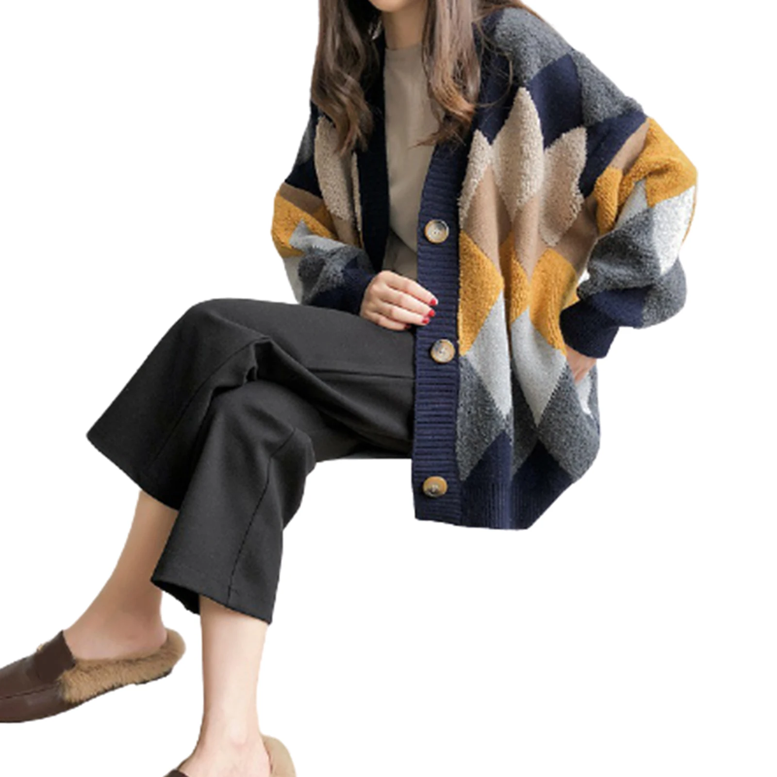 

Autumn Winter Women Long Sleeve Rhombus Thick Coat Buttons Knitted Cardigan
