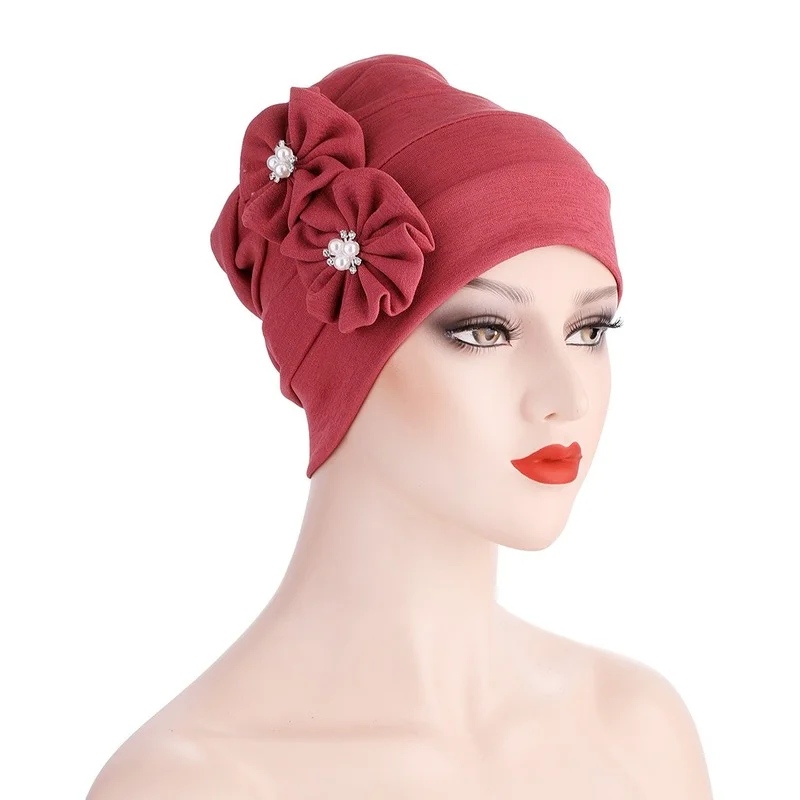 

Bonnets For Women New Solid-color Polyester Cotton Adult Headscarf Hat Side Pearl Flower Indian Hat Manufacturers Direct Supply