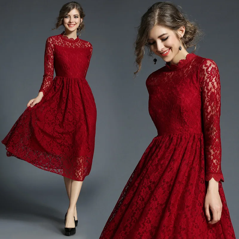 Women Vintage Lace Medium Long Party Dress Women's Spring Autumn Elegant Stand Collar Casual Dresses Red High Waist Vestidos | Женская