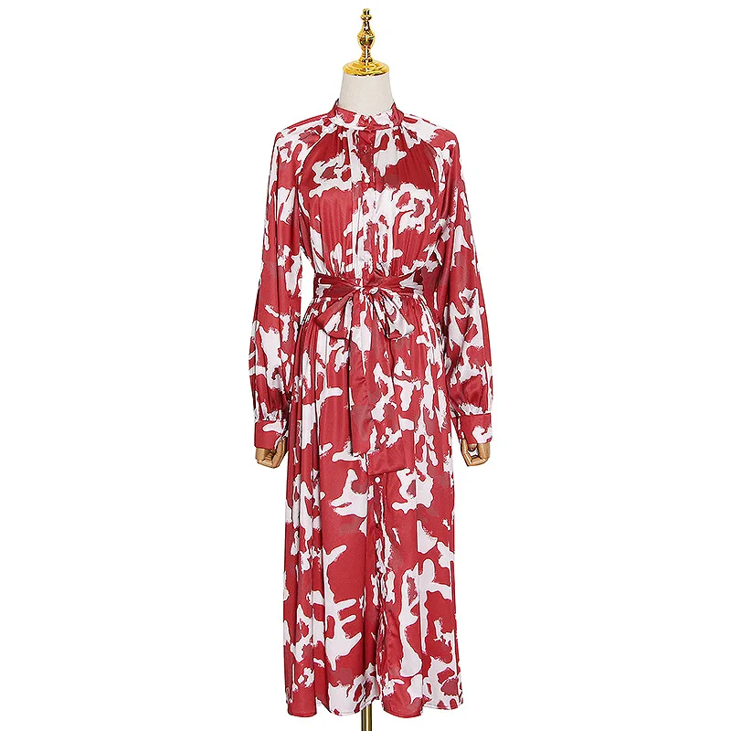

Tide brand early temperament small stand collar lantern sleeve lace-up waist slim Joker long dress