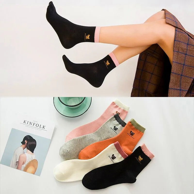5 Pairs Hot Sale Cartoon Animal Kawaii Cat Embroidery Cotton Women Sock Comfortable Soft Spring Autumn Winter Fashion Crew Socks
