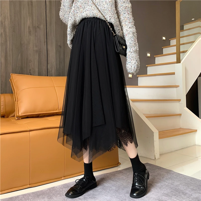 Черные Сетчатые юбки для женщин нежная юбка-трапеция средней длины в Корейском