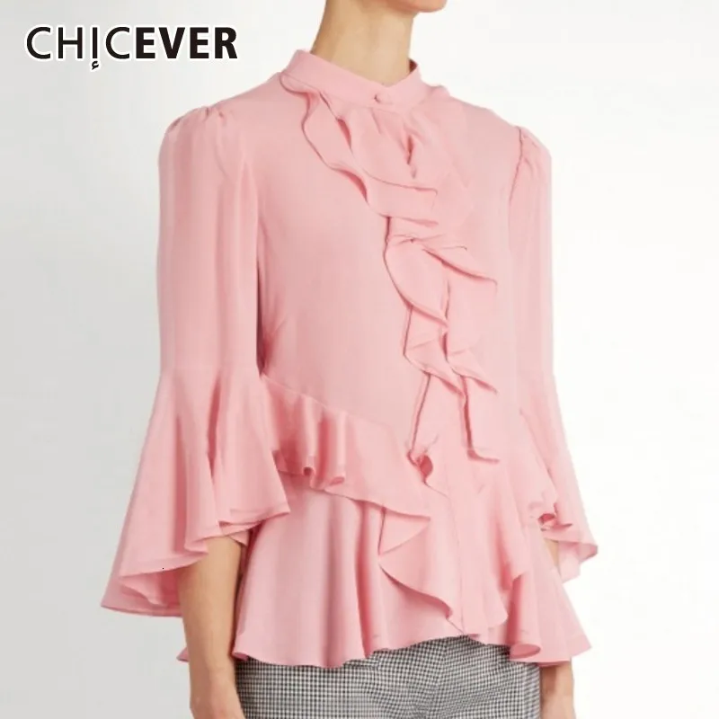 CHICEVER летняя Милая Лоскутная неровная розовая Женская блузка с оборками