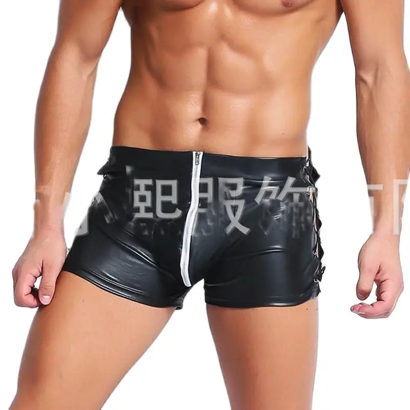 Шорты мужские из ПУ кожи пикантные бандажные с U образным вырезом на молнии