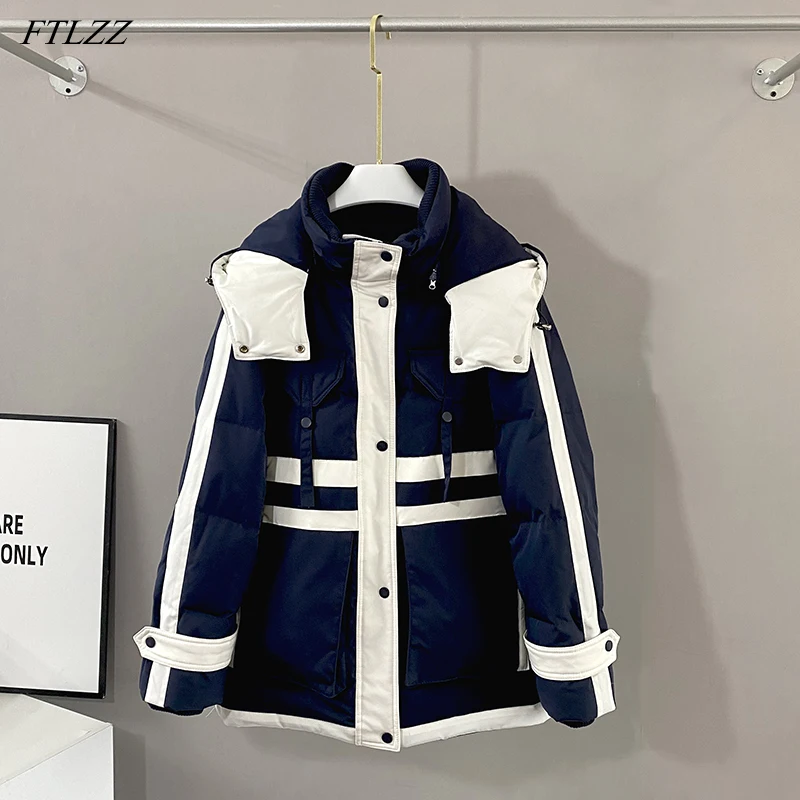 

FTLZZ Winter Hooded Splicing Feather Jacket Women 90% White Duck Down Coat Casual Loose Warm Thickening Outwear Removable Hat