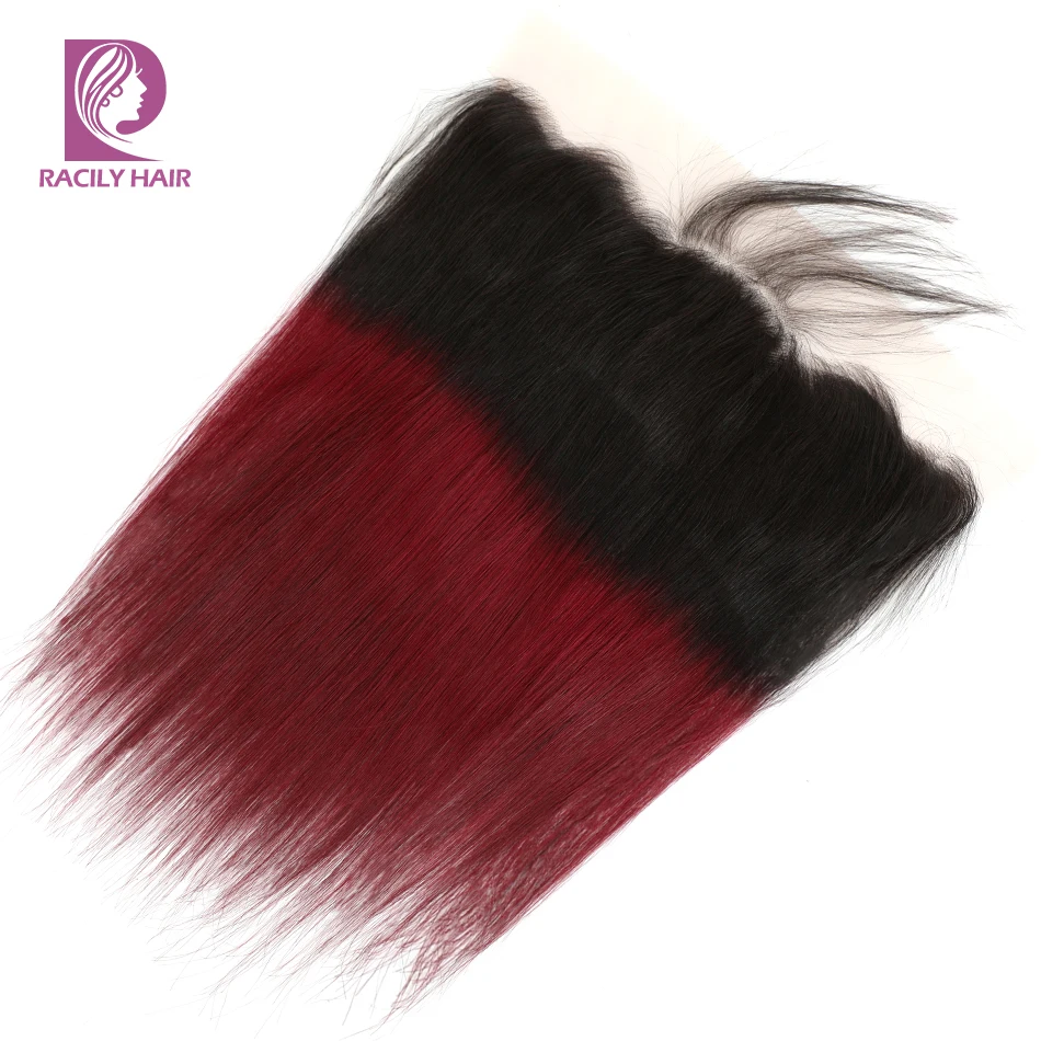 Омбре бразильские прямые волосы пучки с фронтальной Remy бордовый человеческие