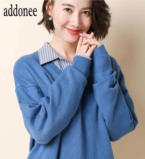 Spring Autumn Winter New Women Lady Cashmere Wool Long Sweater Pullovers Solid V-Neck Casual Big Size Warm Wild Loose Fashion