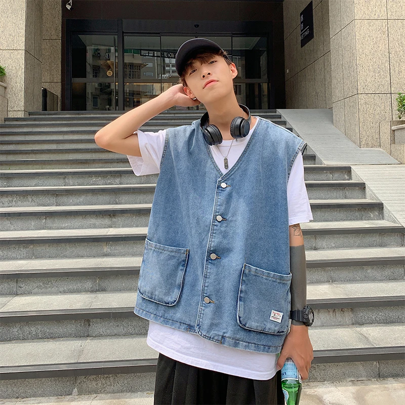 

Spring Autumn Korean Denim Vest Men's Loose Casual Retro Blue Tooling Denim Vest Men's Streetwear Hip-hop Denim Sleeveless Vest