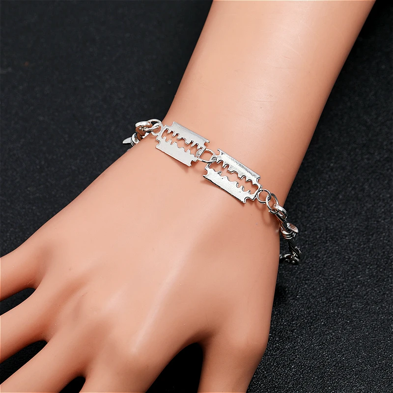 

Alloy Razor Blade Bracelets Jewelry For Men Pop Hip Hop Rock Punk Silver Color Thorns Chain Bracelet Femme