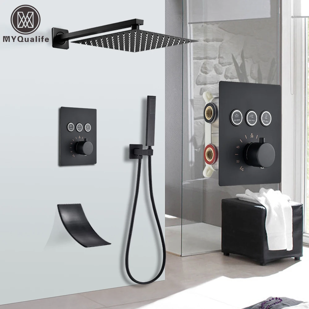 

The New Black Thermostatic Bathroom Shower Faucet Set Rain Waterfall Bathtub Shower System Mixer Tap Wall Mounted Button Faucet