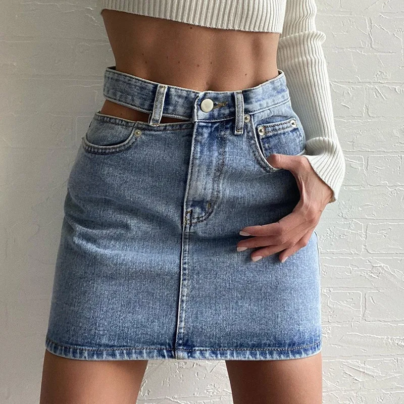 

2021 Summer Skirts Womens A-Line Hollow High Waist Button Zipper Solid Mini Denim Elegant Simple Chic Casual Basic All-match