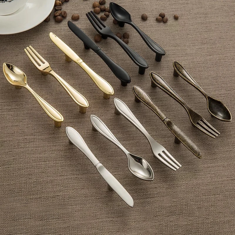 

Novelty Creativity Furniture Cabinet Desk Drawer Handle Tableware Shape Knife Spoon Fork Shape In Silver Gold Black Bronze Color