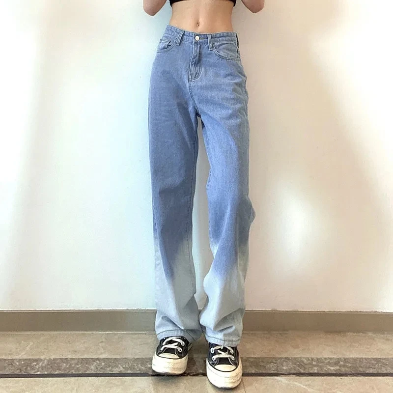 

Pants Spring Casual Gradient Straight Jeans Korean Fashion Long Leisure Joker Trousers Woman Contrast Color Baggy Denim Pants