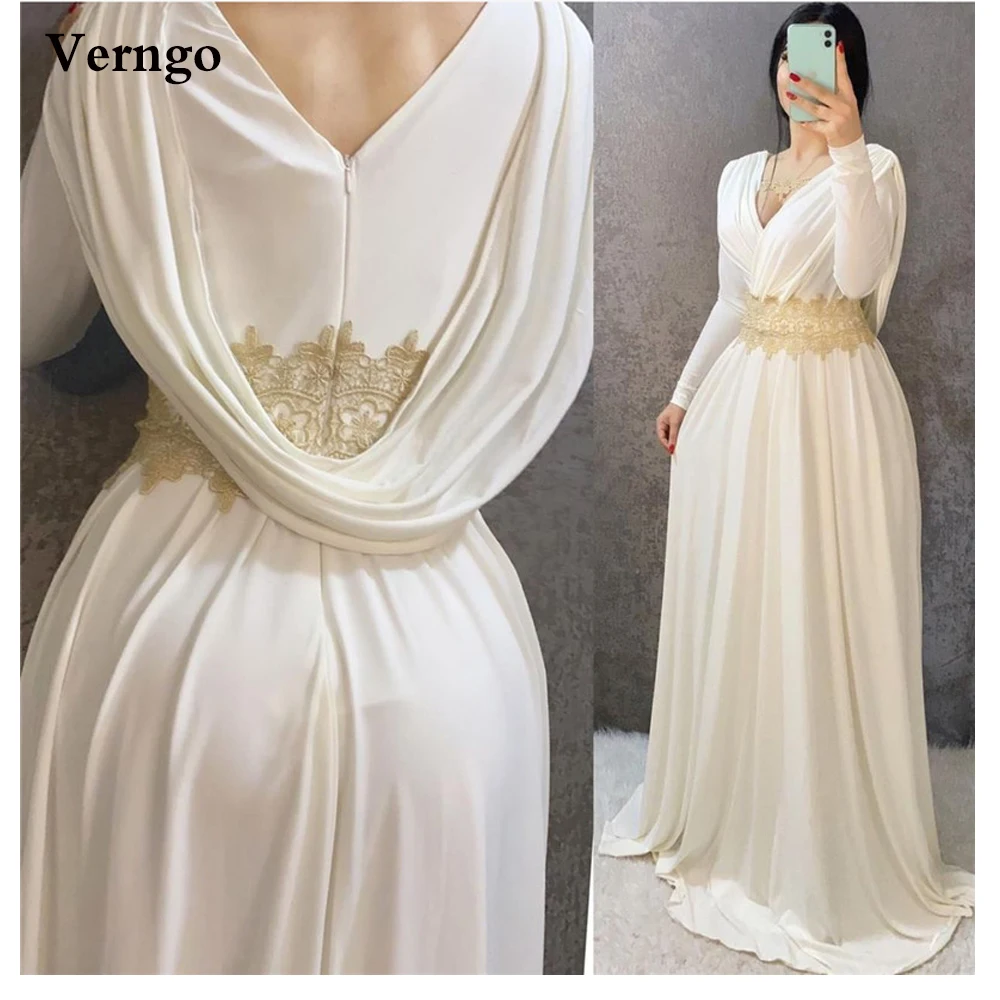 

Verngo Ivory Chiffon Plus Size Evening Dresses Long Sleeves Lace Applique V Neck Vintage Arabic Women Formal Party Prom Gowns