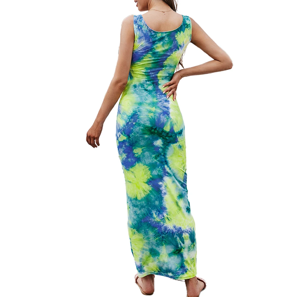 

2021 Summer Sexy Sleeveless Tie-dye Female Dress Covering Hips Woman Summer Beach Sheath Low-cut Top Dresses Solid Women Dress