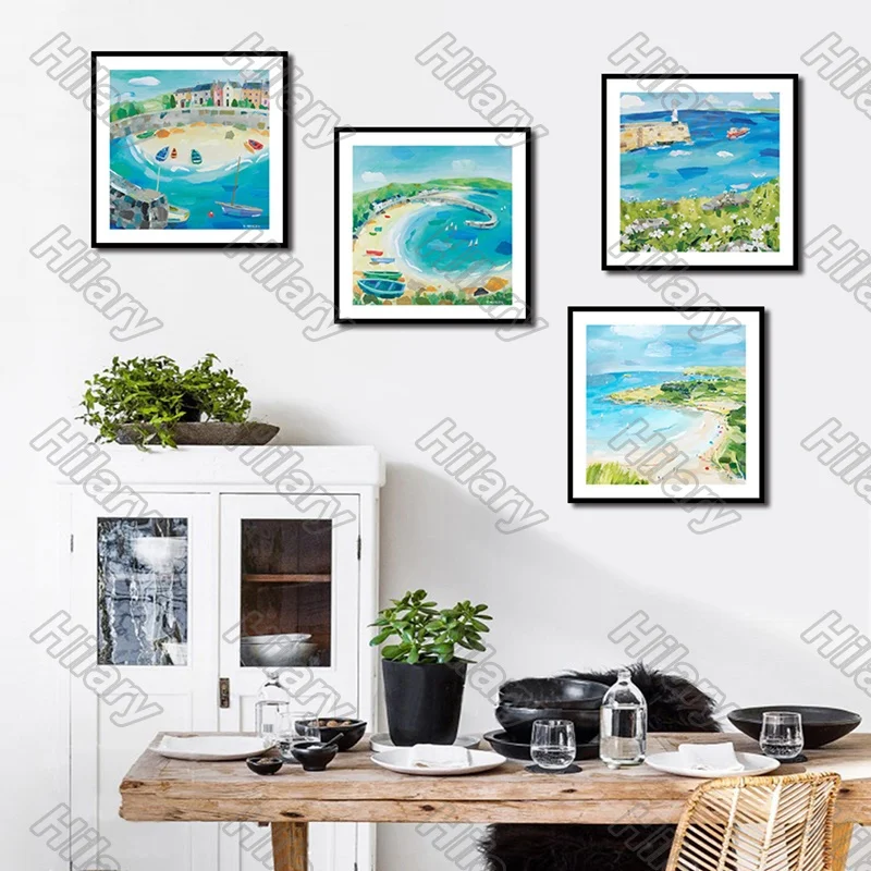 

Posters Cartoon Building Boats Blue Canvas Painting and Prints Wall Art Decoration for Living Room and Bedroom Frameless Style