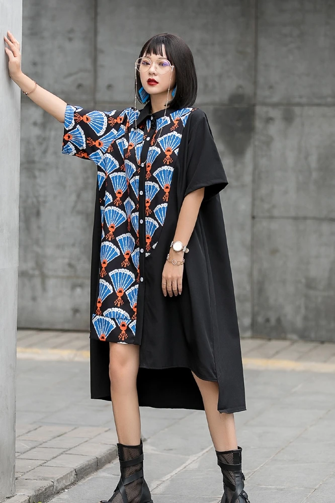 

QING MO Black Short Back Long Women Printed Blouse 2021 Women Summer Short Sleeve Blouse Female Plus Size Slim Blouse ZQY6835