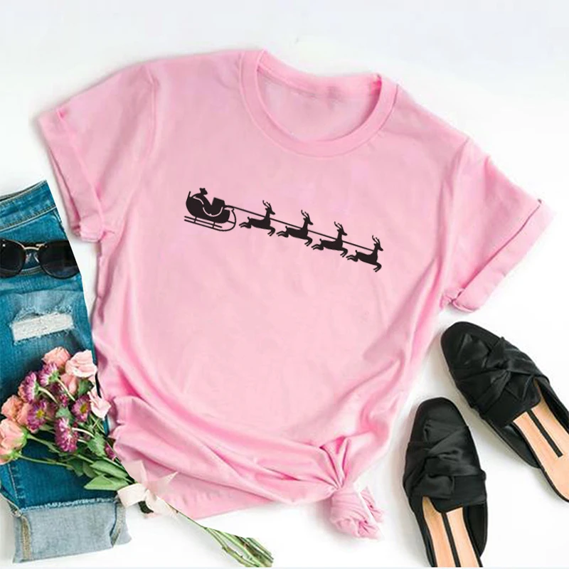 

Reindeer Santa Christmas T-Shirt Fashion Graphic Female Clothing 100% Cotton Short Sleeve Top Tees O Neck Aesthetic Casual Shirt