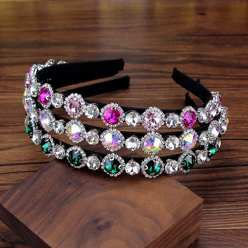 

Корейская Мода AB, розовые и зеленые блестящие круглые повязки на голову с кристаллами, Женская лента для волос для невесты, свадебная бижутерия для волос на выпускной