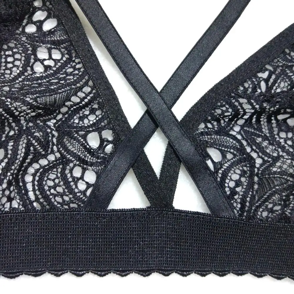 

Lady Solid Color Hollow Out Flower Lace Strappy Unpadded Bra Erotic Underwear