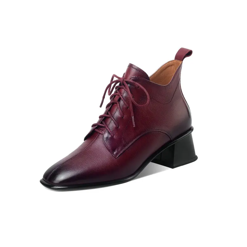 

100% cow leather Women's Boots Square Toe Thick high Heels ladies ankle boots lace up Working Night Club Shoes Woman