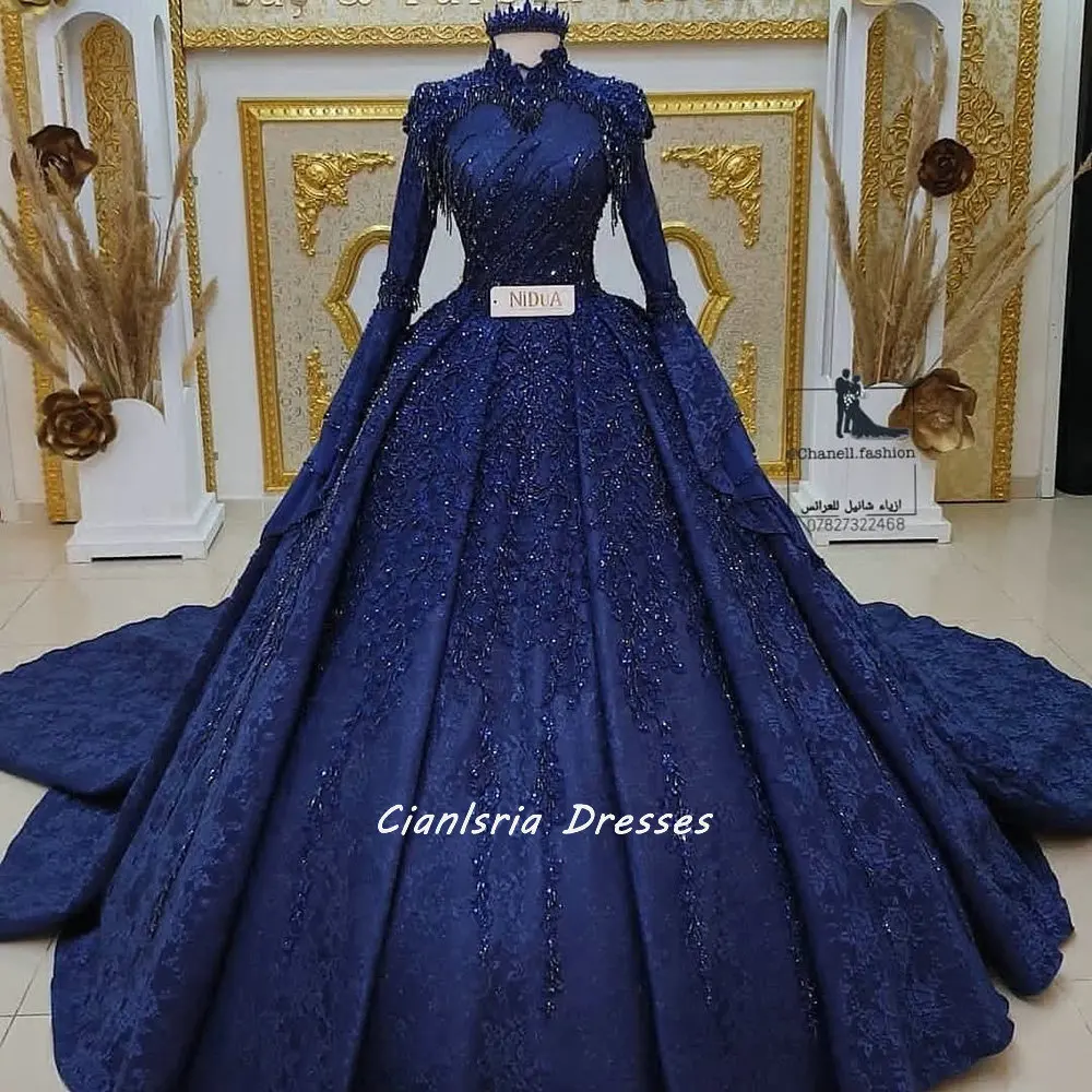 

Темно-синее бальное платье с длинным рукавом, платье для Quinceanera с высоким воротником, бисером, аппликациями, милое платье принцессы 16 дюймов,...