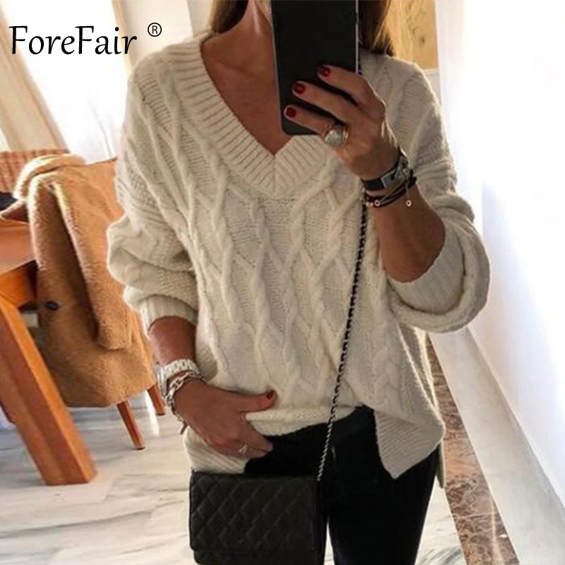 Forefair, зимний однотонный вязаный свитер, женские топы, v-образный вырез, тонкий, вязанный крючком, Осенний трикотаж размера плюс, черный, белый, Повседневные свитера
