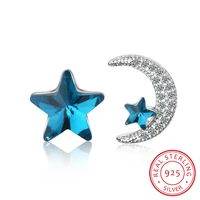 2019 sweet asymmetrical blue star moon earrings 925 sterling silver zirconia crystal earrings for women s e134