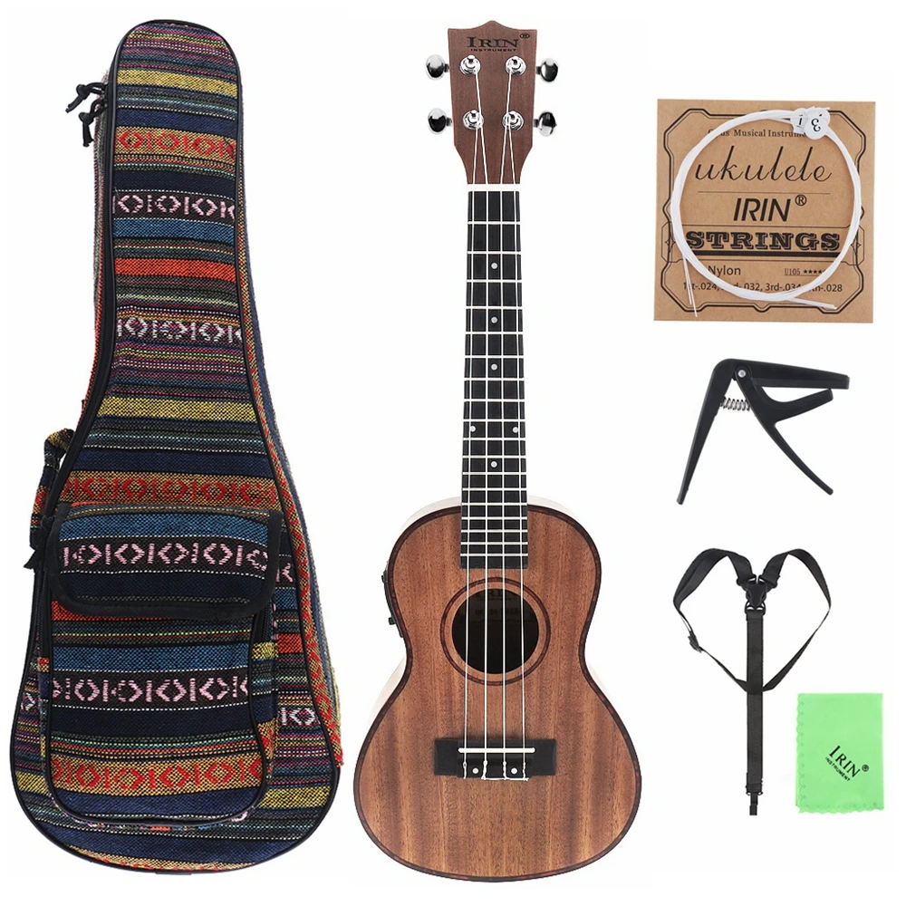 24 Inch Electroacoustic Ukulele Abalone Shell Edge 18 Fret Four Strings Hawaii Guitar Built in EQ Pickup + Bag Accessories