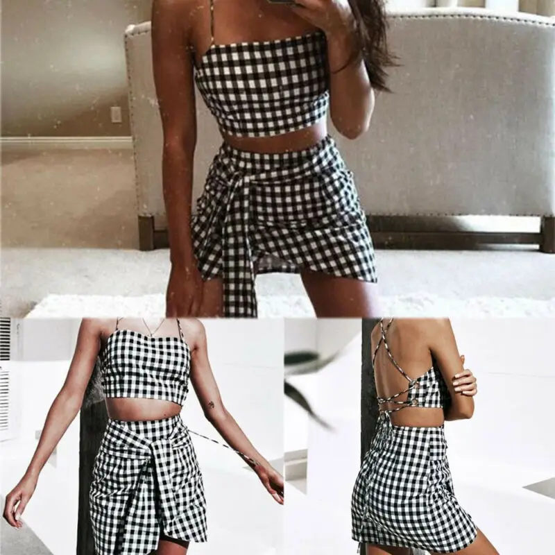 Женский клетчатый костюм из 2 предметов повседневный комплект топа без рукавов с