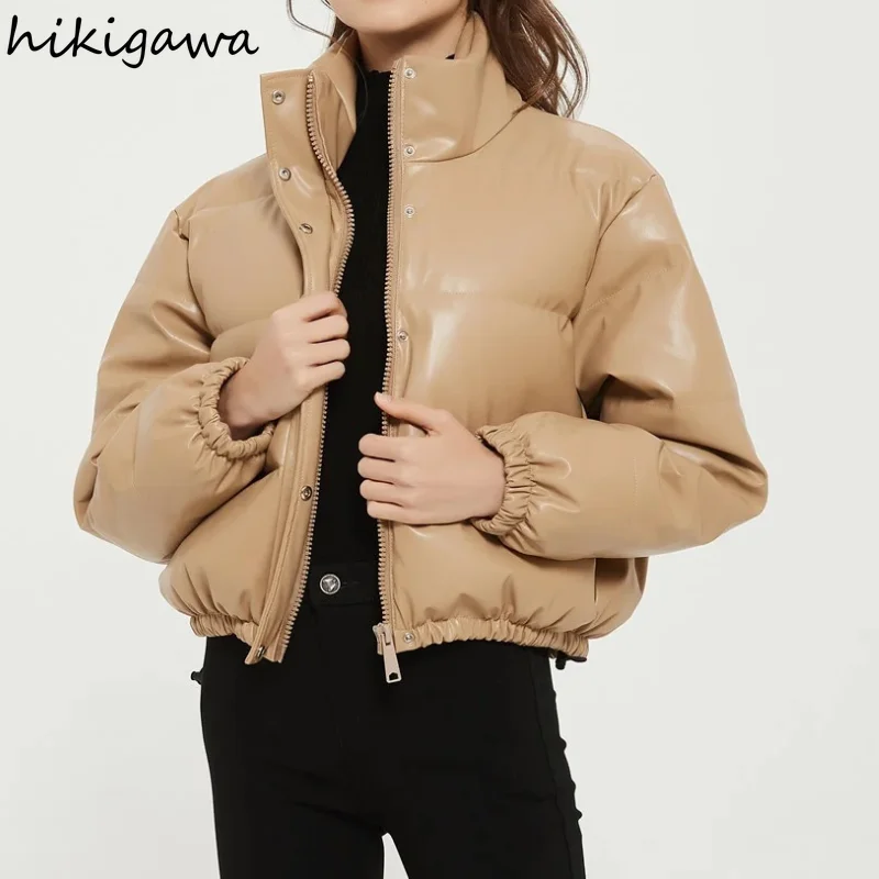 

Hikigawa Parkas Vintage PU Imitation Leather Thicken Stand Neck Long Sleeve Zipper Slim Coat Solid High Street Puffer Jacket