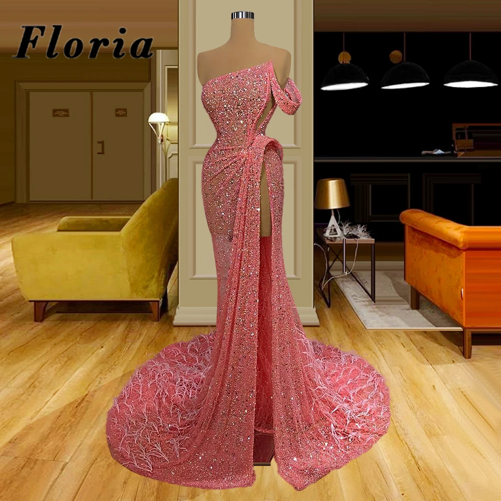 

Sparkly Beaded Evening Dress For Weddings Feathers Arabic Dubai Party Gowns 2020 High Split Prom Dresses Robe De Soiree Illusion