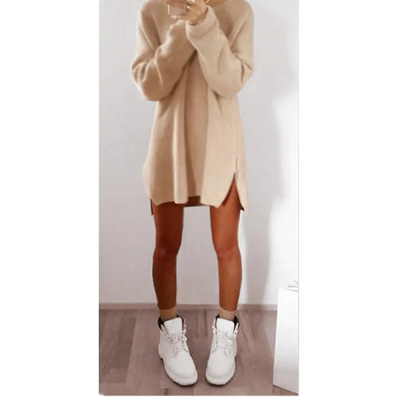 

2020 Autumn Winter Fashion Sexy O Neck Women's Mini Dress Casual Loose Solid Zipper Long Sleeve Plush Ladies Knit Dress