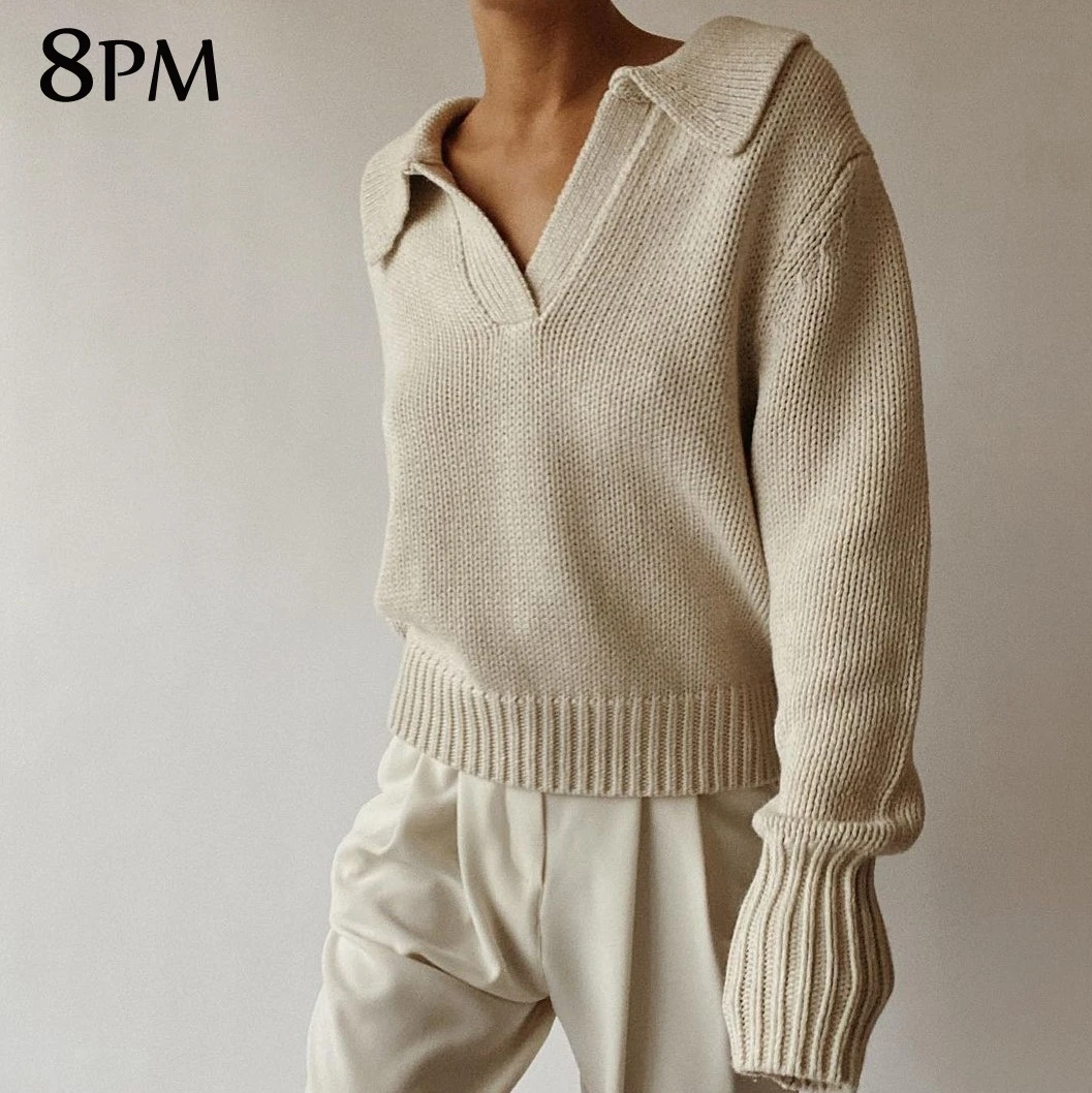 

Chic Turn-down Collar Sweater Women Elegant Lazy Oaf Coarse Yarn Striped Cotton Pullovers Coat Soft Short Knit Top ouc1276