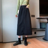 vintage black jeans skirts women 2020 autumn winter long skirt button high waisted mujer faldas cotton slim a line denim skirt