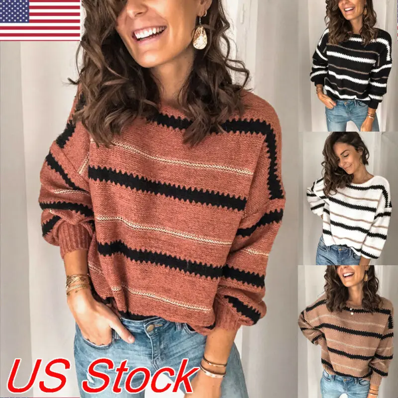 Fashion Women Wrap Autumn V-Neck Striped Tops Knitted Sweater Casual Pullover Jumper Ladies Long Sleeve Loose Shirts Knitwear | Женская